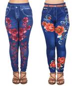 Blue poly cotton floral printed slim fit jeggings (pack of 2)