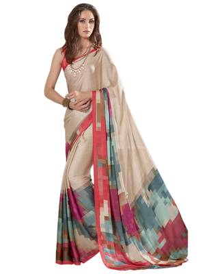 Beige printed crepe saree with blouse 1