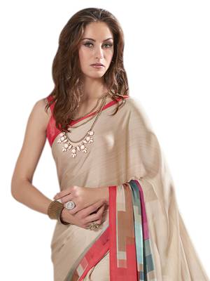Beige printed crepe saree with blouse 2