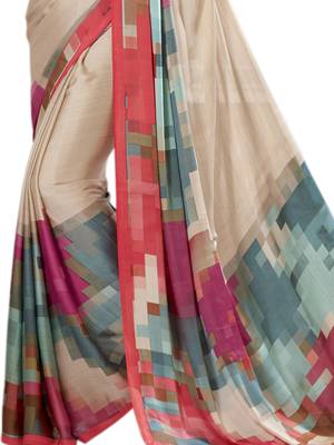 Beige printed crepe saree with blouse 3