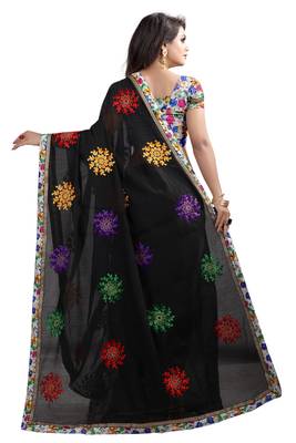 Black embroidered chanderi saree with blouse 3