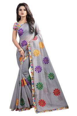 Grey embroidered chanderi saree with blouse 1
