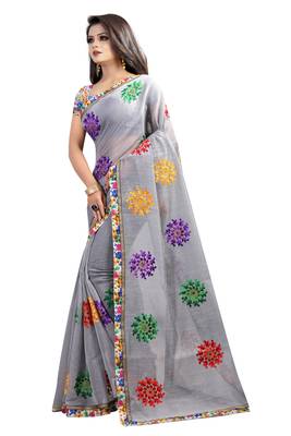 Grey embroidered chanderi saree with blouse 2