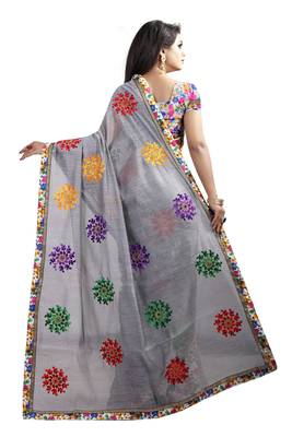 Grey embroidered chanderi saree with blouse 3