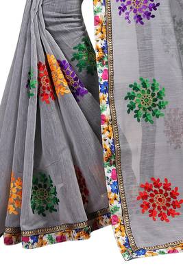 Grey embroidered chanderi saree with blouse 4