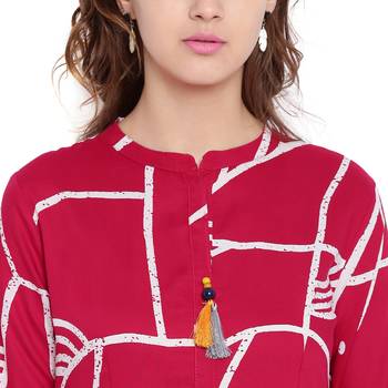 Dark-magenta printed rayon kurti 5