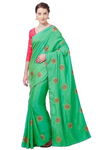 Green Embroidered Silk Blend Saree With Blouse