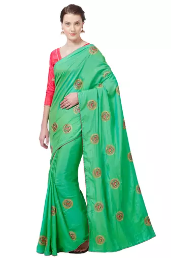 Green Embroidered Silk Blend Saree With Blouse