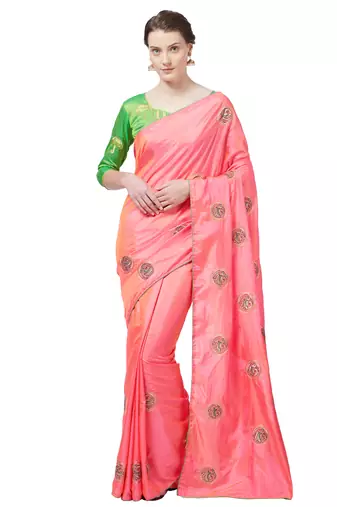 Peach Embroidered Silk Blend Saree With Blouse