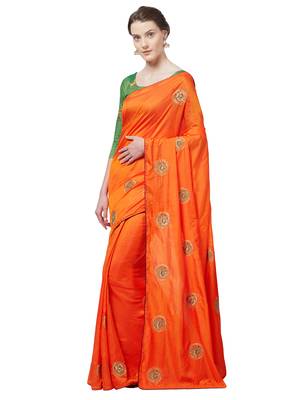 Orange Embroidered Silk Blend Saree With Blouse 1