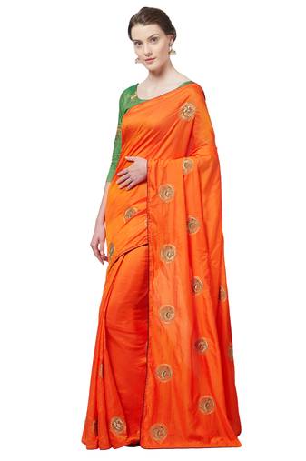 Orange Embroidered Silk Blend Saree With Blouse