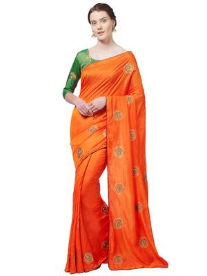 Orange Embroidered Silk Blend Saree With Blouse 5