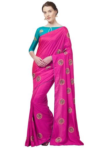 Pink Embroidered Silk Blend Saree With Blouse