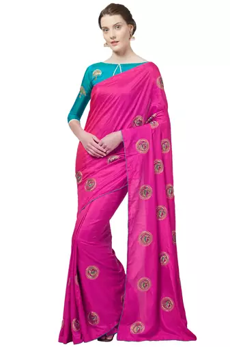 Pink Embroidered Silk Blend Saree With Blouse