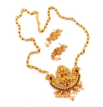 Kempu High Gold Plated Laxmi Temple Pendant Earring Set 3