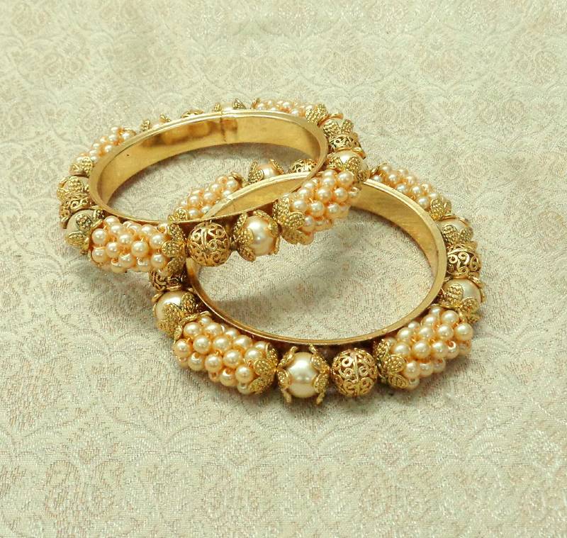 Royal Premium Gold Plated Brass Beads Pearl Bangle Set Lalso