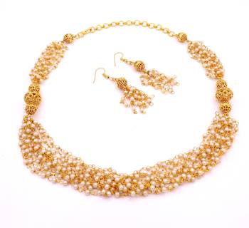 Elegent Golden Brass Pearl Beaded Mala Necklace Set 3