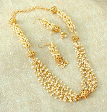 Elegent Golden Brass Pearl Beaded Mala Necklace Set 1