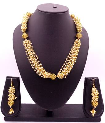 Elegent Golden Brass Pearl Beaded Mala Necklace Set 2