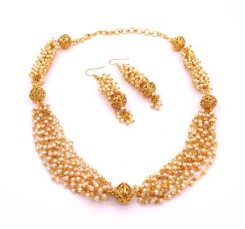 Elegent Golden Brass Pearl Beaded Mala Necklace Set 3