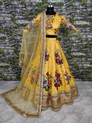 Desiring Yellow Colored Designer Embroidered And Floral Print Art Silk Wedding Lehenga Choli Dupatta Set 1