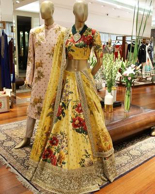 Desiring Yellow Colored Designer Embroidered And Floral Print Art Silk Wedding Lehenga Choli Dupatta Set 2