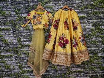 Desiring Yellow Colored Designer Embroidered And Floral Print Art Silk Wedding Lehenga Choli Dupatta Set 4