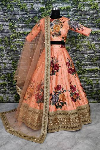 Desiring Peach Colored Designer Embroidered And Floral Print Art Silk Wedding Lehenga Choli Dupatta Set
