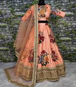 Desiring Peach Colored Designer Embroidered And Floral Print Art Silk Wedding Lehenga Choli Dupatta Set