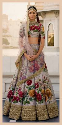 Impressive Gray Colored Designer Embroidered And Floral Print Art Silk Lehenga Choli With Dupatta 2