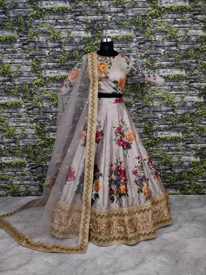 Impressive Gray Colored Designer Embroidered And Floral Print Art Silk Lehenga Choli With Dupatta 1