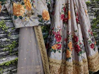 Impressive Gray Colored Designer Embroidered And Floral Print Art Silk Lehenga Choli With Dupatta 4