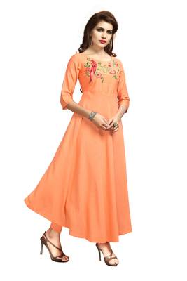 Peach embroidered rayon long-kurtis 1