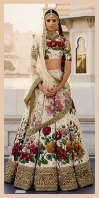 off white digital printed embroidered art silk lehenga set choli with dupatta 2