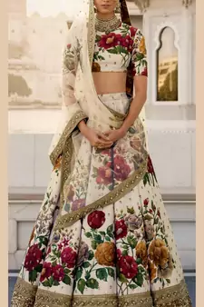off white digital printed embroidered art silk lehenga set choli with dupatta