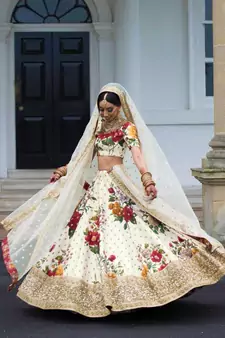 off white digital printed embroidered art silk lehenga set choli with dupatta