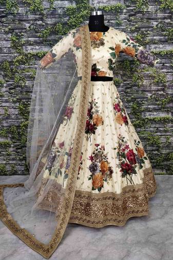 Jazzy Off-White Colored Designer Digital Printed-Embroidered Art Silk Lehenga Choli
