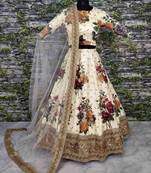 off white digital printed embroidered art silk lehenga set choli with dupatta