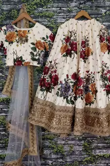 off white digital printed embroidered art silk lehenga set choli with dupatta