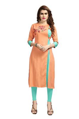 Peach embroidered rayon long-kurtis 1