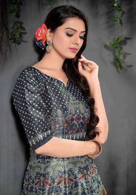 Stunning Grey Colored Digital Print Partywear Designer Gown (Stitched) 2