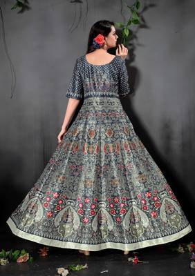Stunning Grey Colored Digital Print Partywear Designer Gown (Stitched) 3