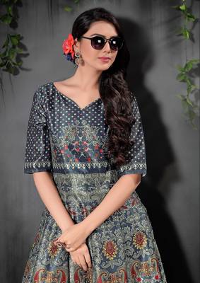 Stunning Grey Colored Digital Print Partywear Designer Gown (Stitched) 4