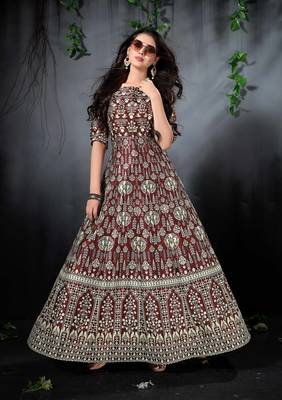 Blooming Brown Floral Print Silk Partywear Designer Gown (Stitched) 1