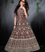 Blooming Brown Floral Print Silk Partywear Designer Gown (Stitched)
