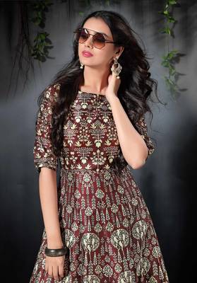 Blooming Brown Floral Print Silk Partywear Designer Gown (Stitched) 2