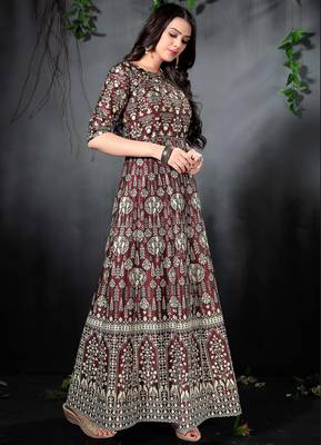 Blooming Brown Floral Print Silk Partywear Designer Gown (Stitched) 3