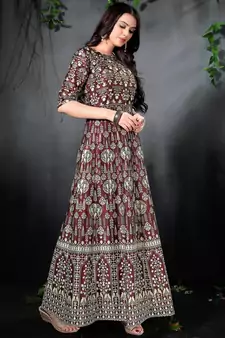 Blooming Brown Floral Print Silk Partywear Designer Gown (Stitched)