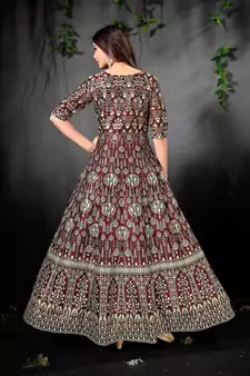 Blooming Brown Floral Print Silk Partywear Designer Gown (Stitched)