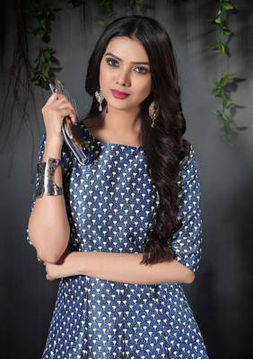 Alluring Blue Colored Floral Print Partywear Designer Gown (Stitched) 2